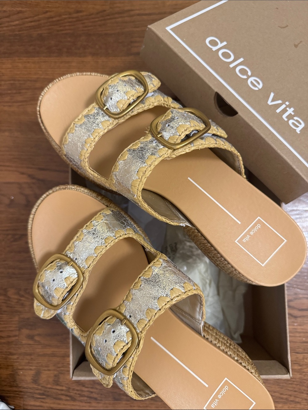 NIB! Women's size 10 Dolce Vita Platform Wedge Sandals in Raffia Gold Silver 10